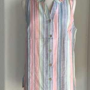 Linen Blend Sleeveless Striped Blouse Button Down Shirt size Large Pastel Colors